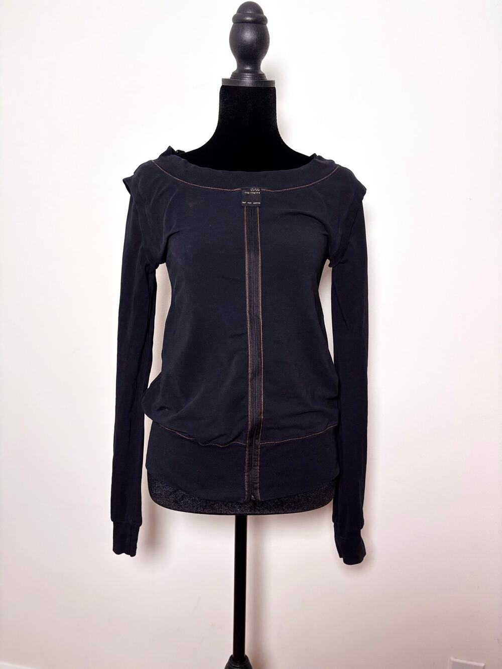 Vtg Y2K Cop Copine Black Contrast Stitch Zip Front Long Sleeve Branded Top